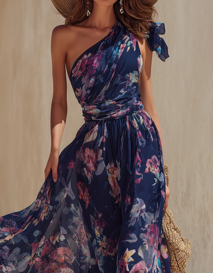 Navy Blue One-Shoulder Chiffon Maxi Dress