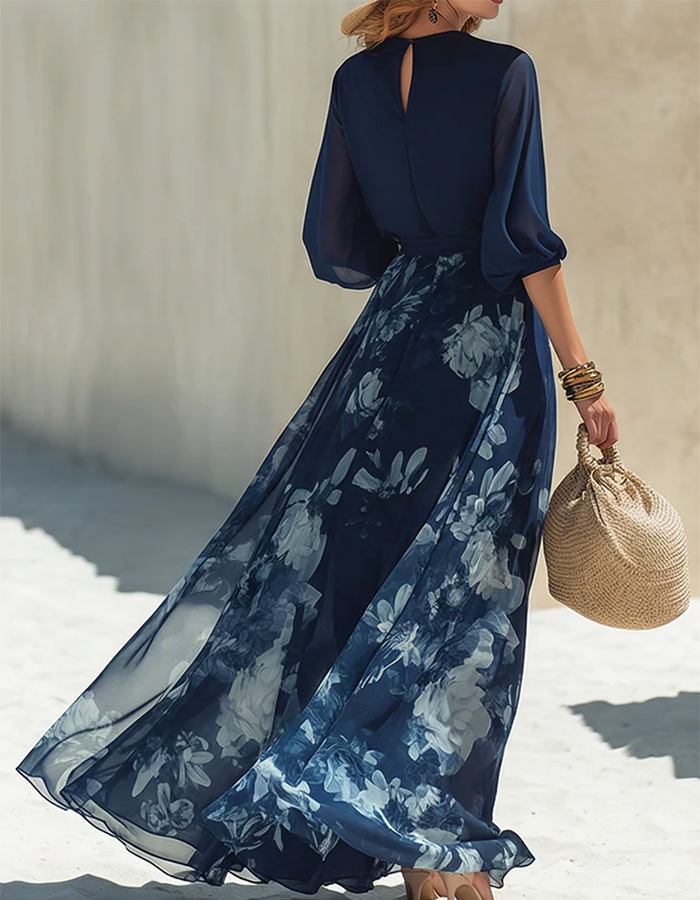 Navy Blue Ink-Print Chiffon Maxi Dress