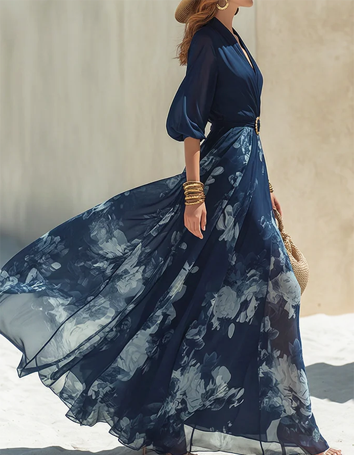 Navy Blue Ink-Print Chiffon Maxi Dress