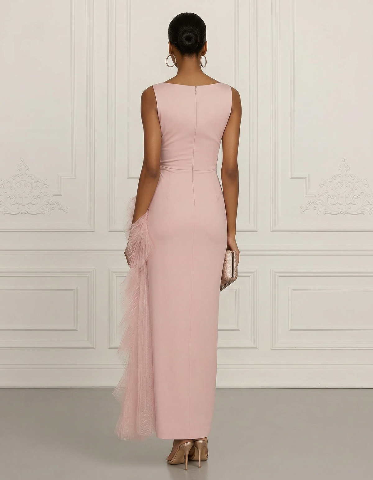Matte Satin Mesh Round Neck Fitted Waist Maxi Dress