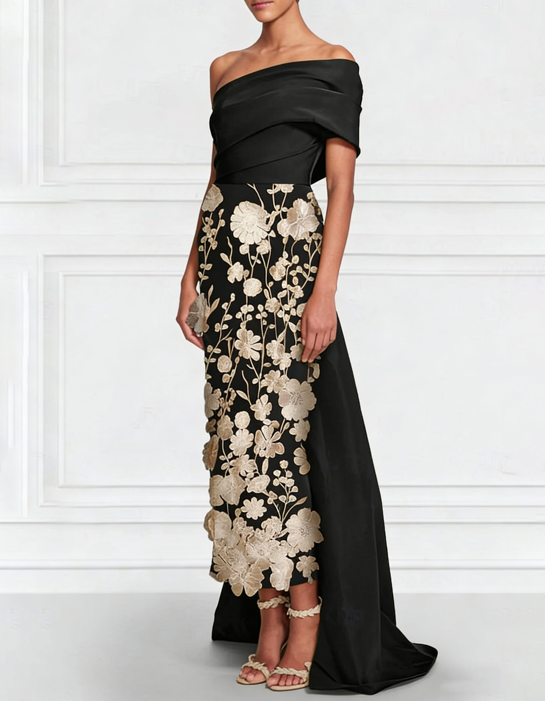 Satin One-Shoulder Lace Embroidered Waist Maxi Dress