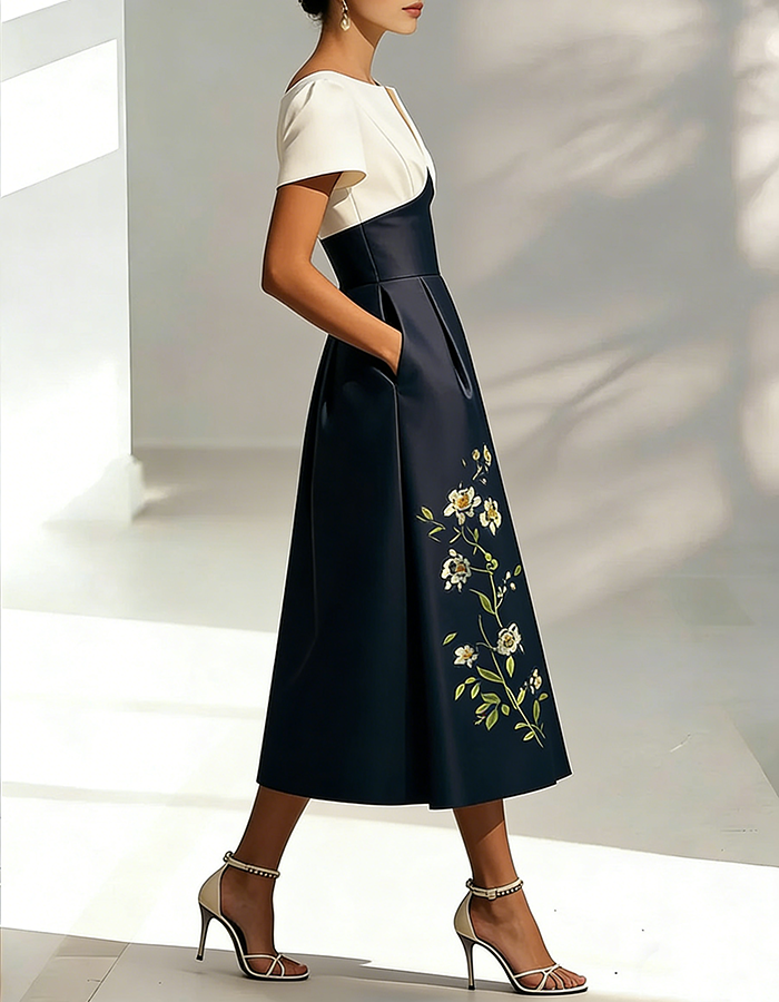 Ivory & Navy Floral Embroidered Midi Dress