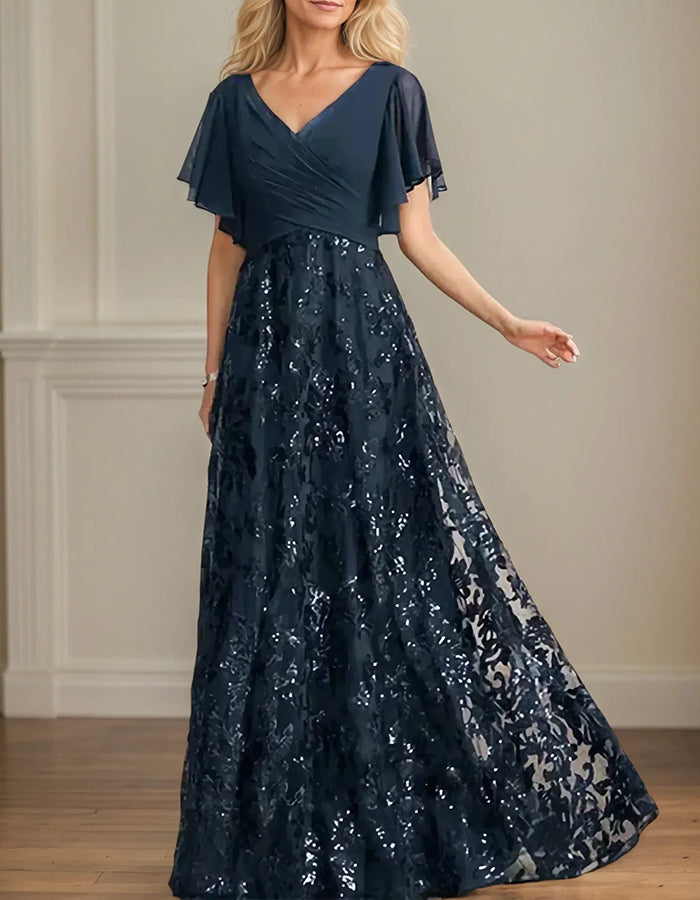 Navy Blue Sequin Floral Chiffon Maxi Dress