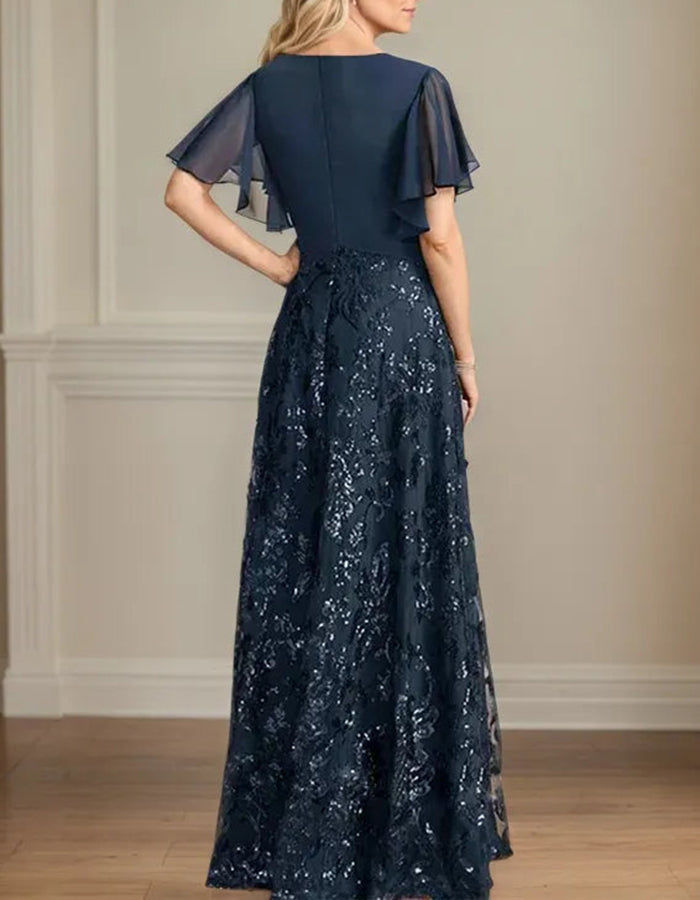 Navy Blue Sequin Floral Chiffon Maxi Dress