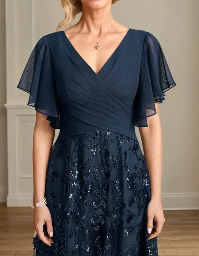 Navy Blue Sequin Floral Chiffon Maxi Dress