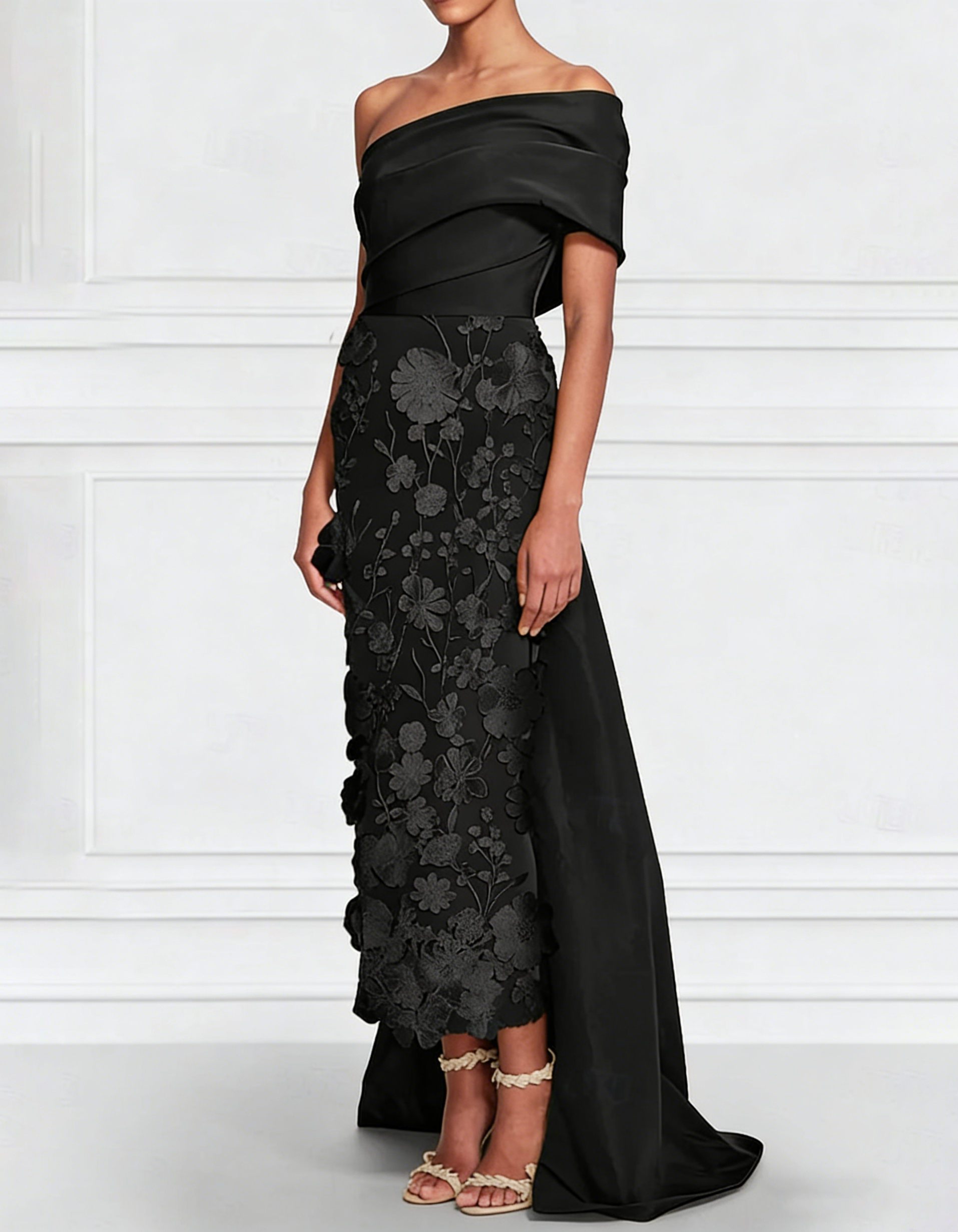 Satin One-Shoulder Lace Embroidered Waist Maxi Dress