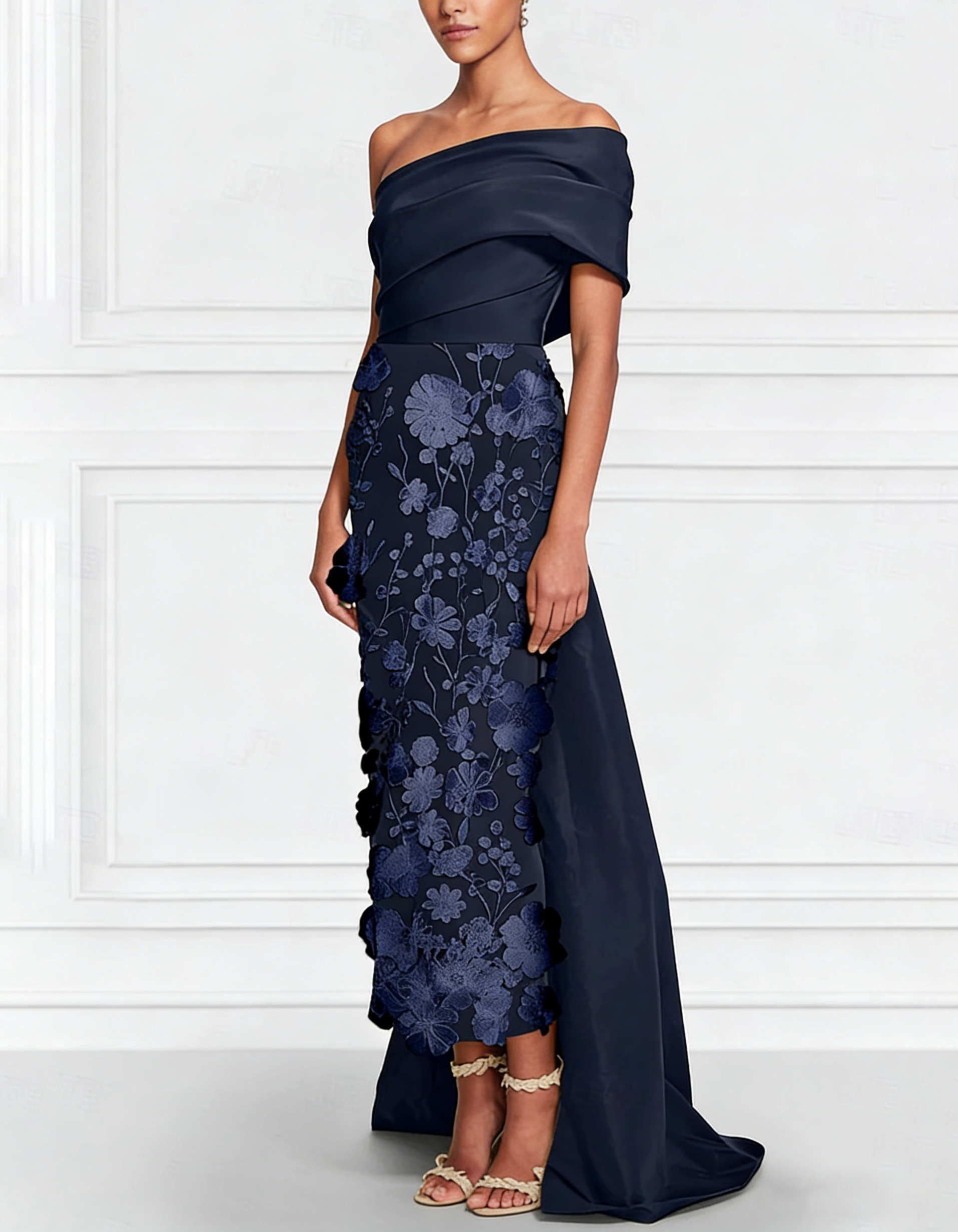 Satin One-Shoulder Lace Embroidered Waist Maxi Dress