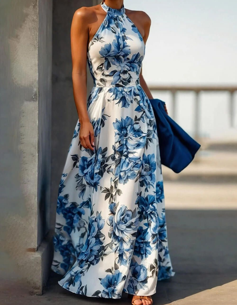 Chiffon Print Halter Neck Slim Waist A-Line Maxi Dress