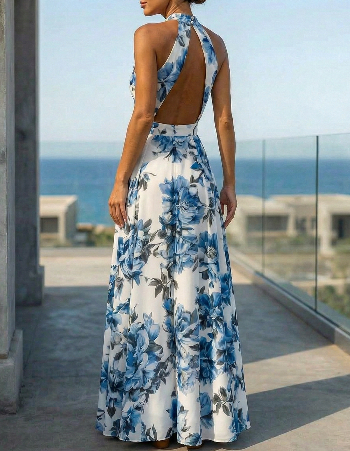 Chiffon Print Halter Neck Slim Waist A-Line Maxi Dress