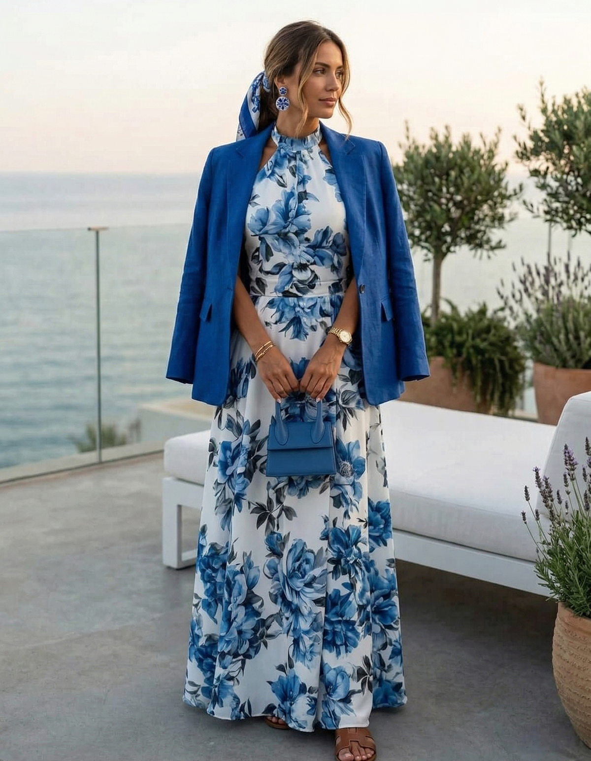 Chiffon Print Halter Neck Slim Waist A-Line Maxi Dress