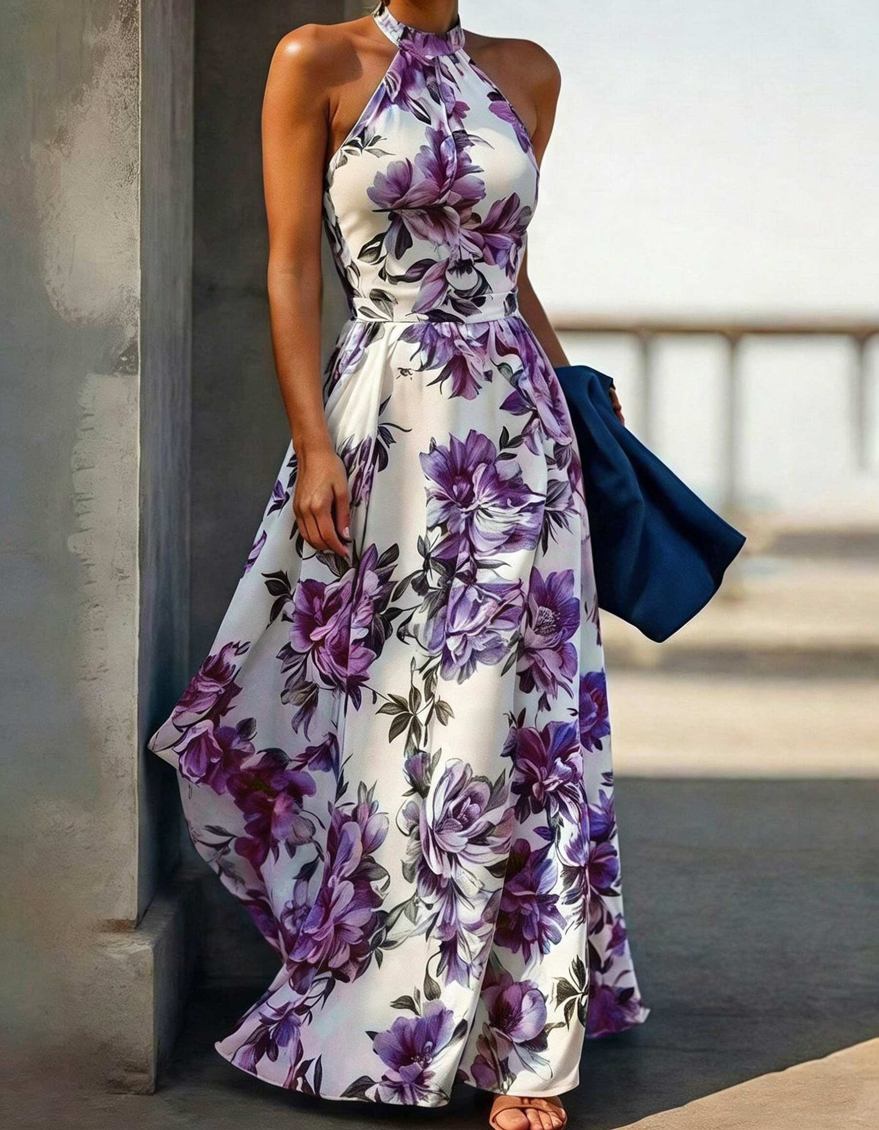 Chiffon Print Halter Neck Slim Waist A-Line Maxi Dress
