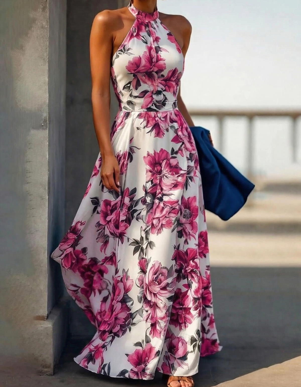 Chiffon Print Halter Neck Slim Waist A-Line Maxi Dress