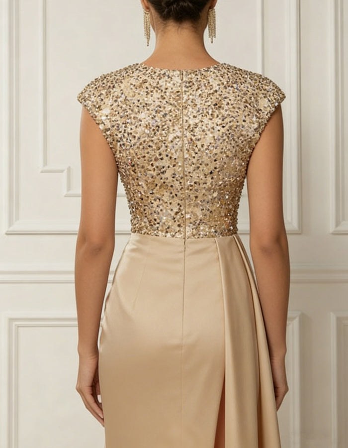 Champagne Sequin Bodice Satin Maxi Dress