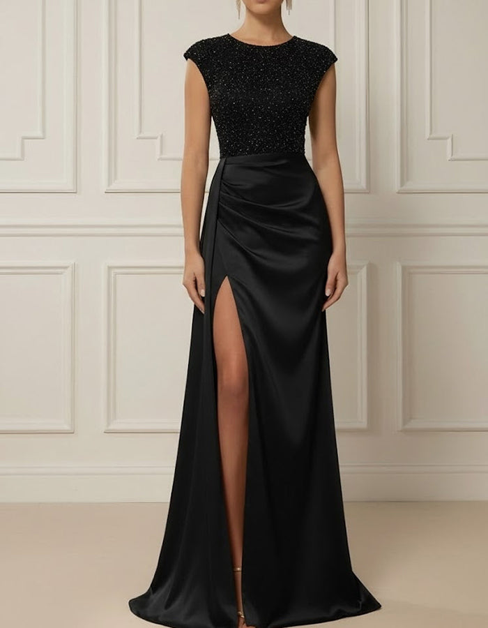 Champagne Sequin Bodice Satin Maxi Dress