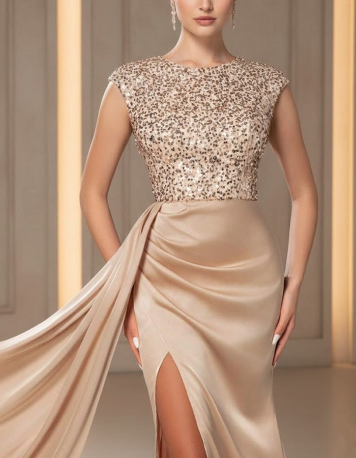 Champagne Sequin Bodice Satin Maxi Dress