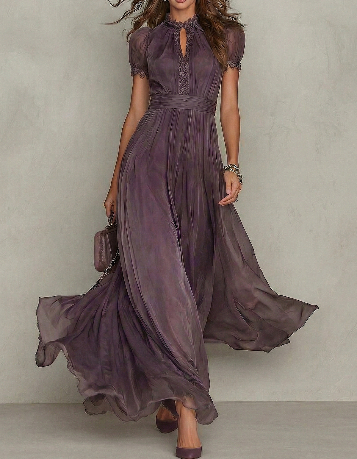 Dark Purple Chiffon Lace Patchwork Waist-Cinching Maxi Dress