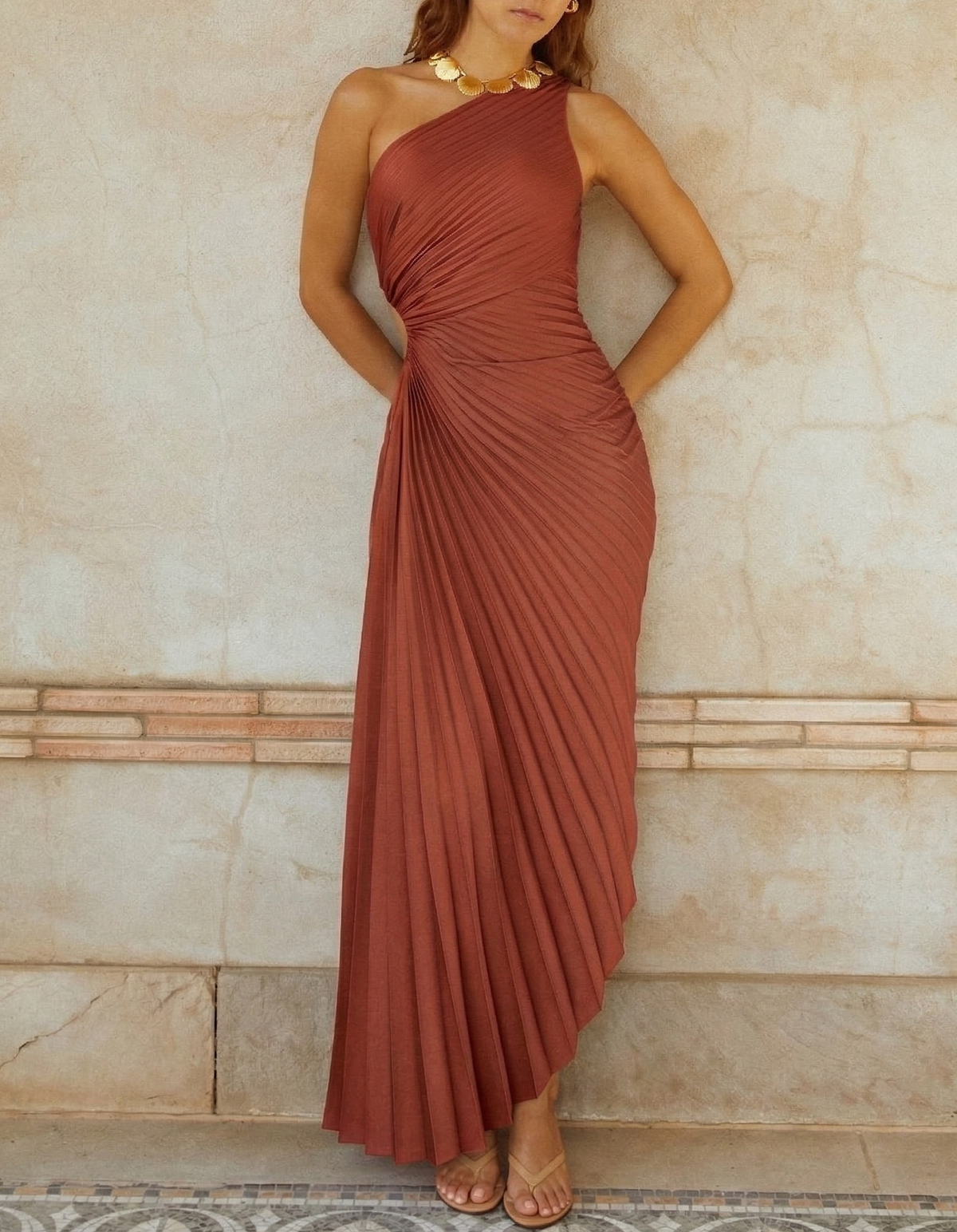 Satin One-Shoulder Pleated Cutout Waist Maxi Dress