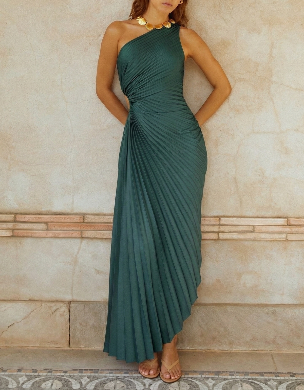 Satin One-Shoulder Pleated Cutout Waist Maxi Dress
