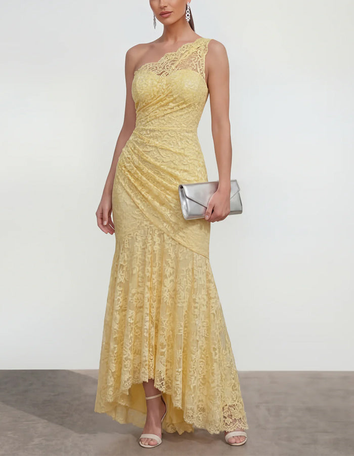 Light Yellow One Shoulder Lace Fishtail Maxi Dress