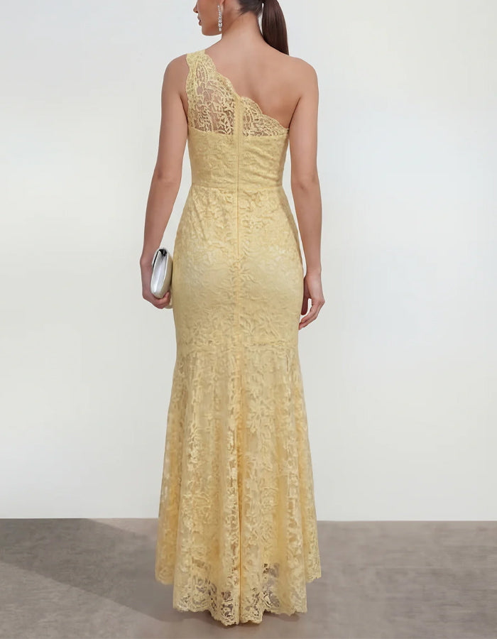 Light Yellow One Shoulder Lace Fishtail Maxi Dress
