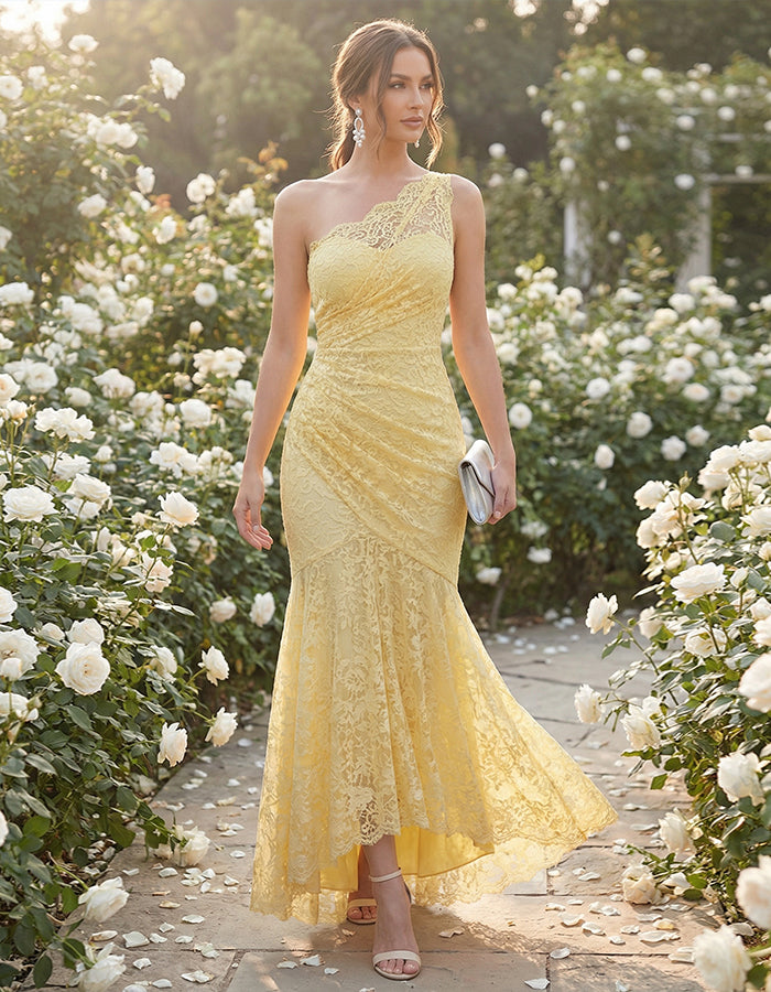 Light Yellow One Shoulder Lace Fishtail Maxi Dress