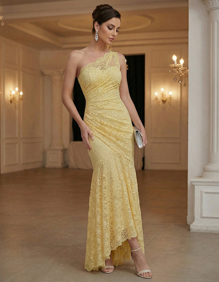 Light Yellow One Shoulder Lace Fishtail Maxi Dress