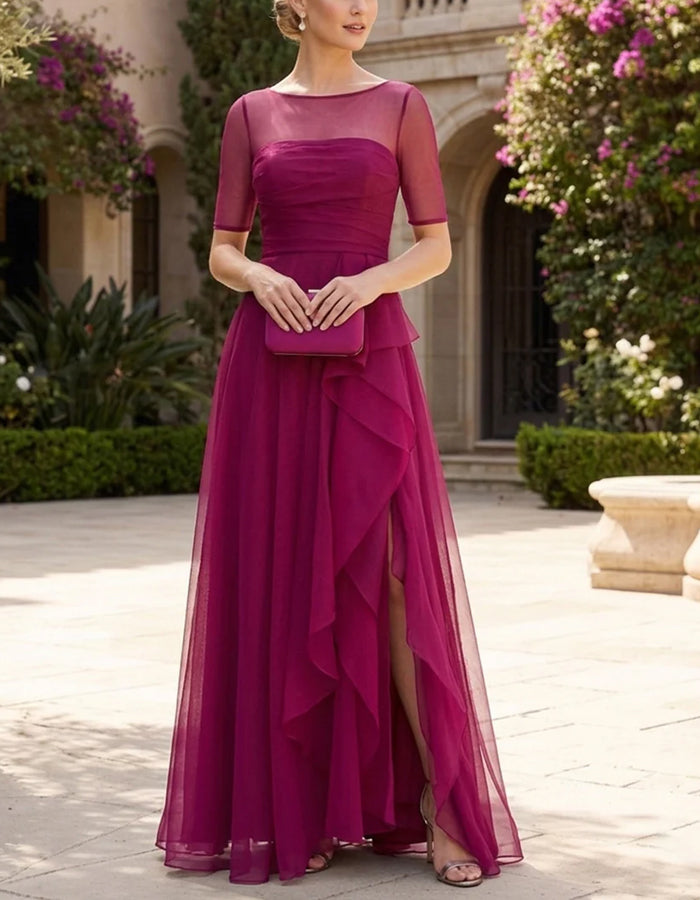 Rose Pink Mesh Chiffon See Through Mid Length Sleeves Maxi Dress