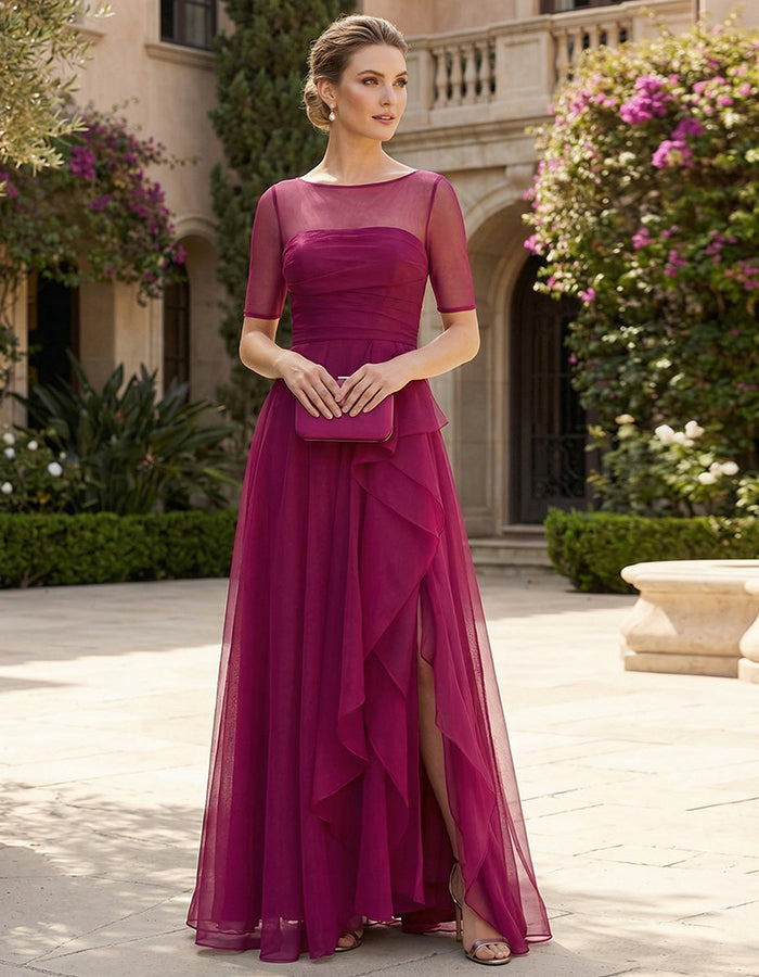 Rose Pink Mesh Chiffon See Through Mid Length Sleeves Maxi Dress