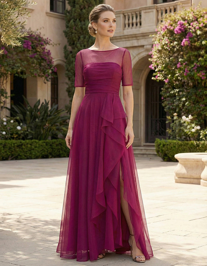 Rose Pink Mesh Chiffon See Through Mid Length Sleeves Maxi Dress