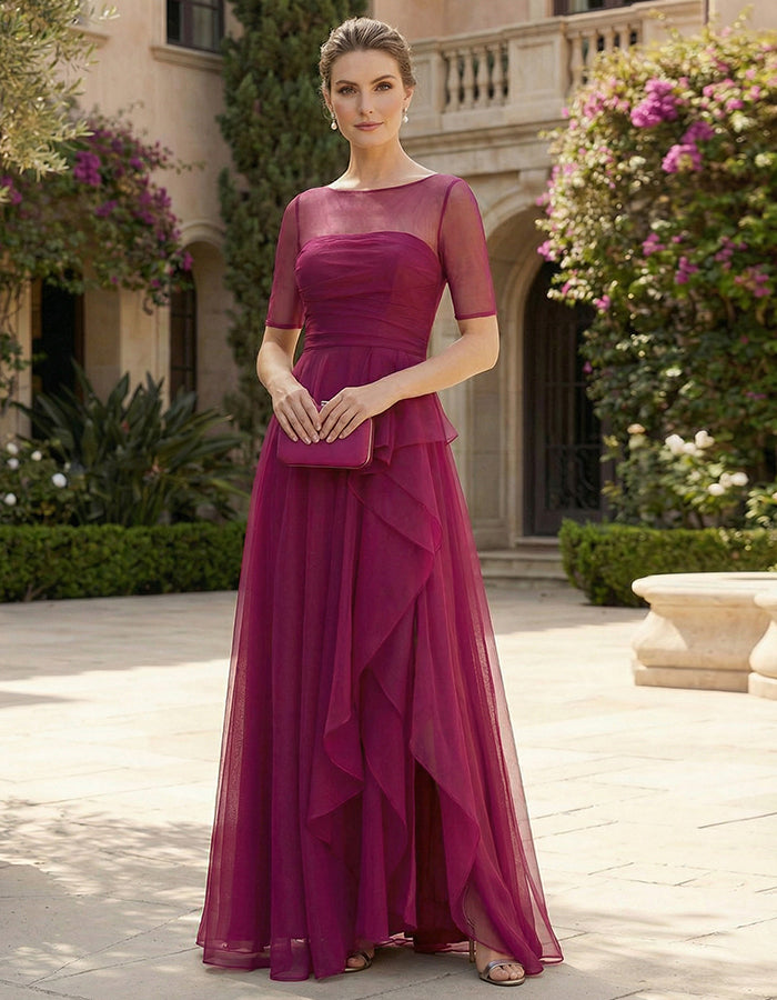 Rose Pink Mesh Chiffon See Through Mid Length Sleeves Maxi Dress