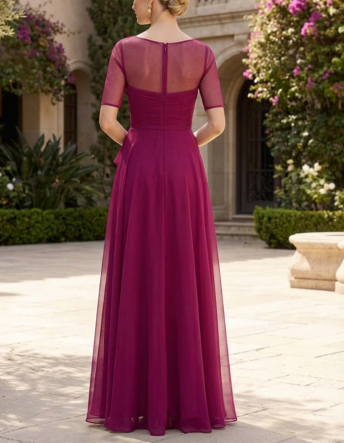 Rose Pink Mesh Chiffon See Through Mid Length Sleeves Maxi Dress