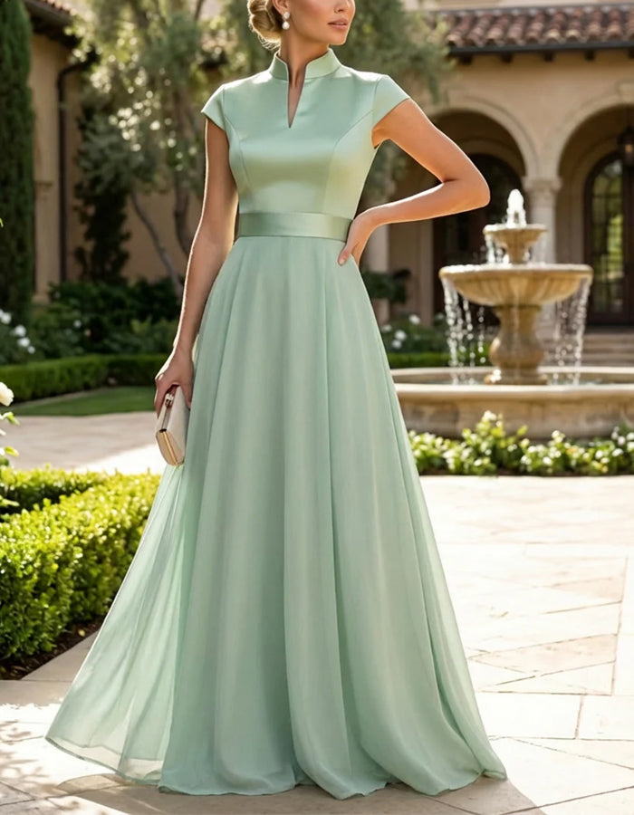 Mint Green Stand Up Collar Satin Chiffon Flared Maxi Dress