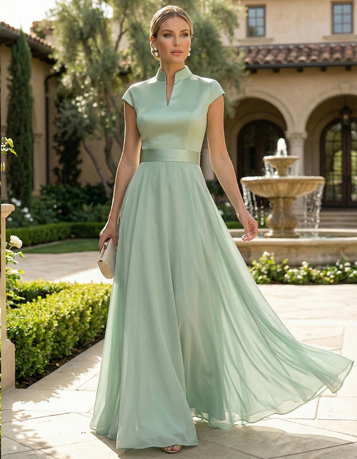Mint Green Stand Up Collar Satin Chiffon Flared Maxi Dress