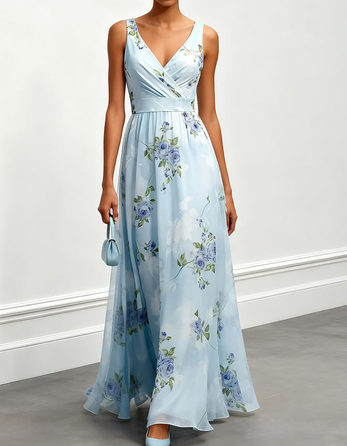 Sky Blue & Blue Rose Floral Chiffon Maxi Dress