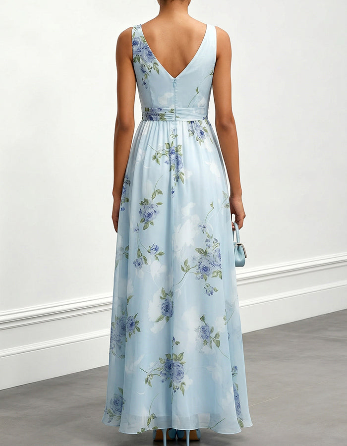 Sky Blue & Blue Rose Floral Chiffon Maxi Dress