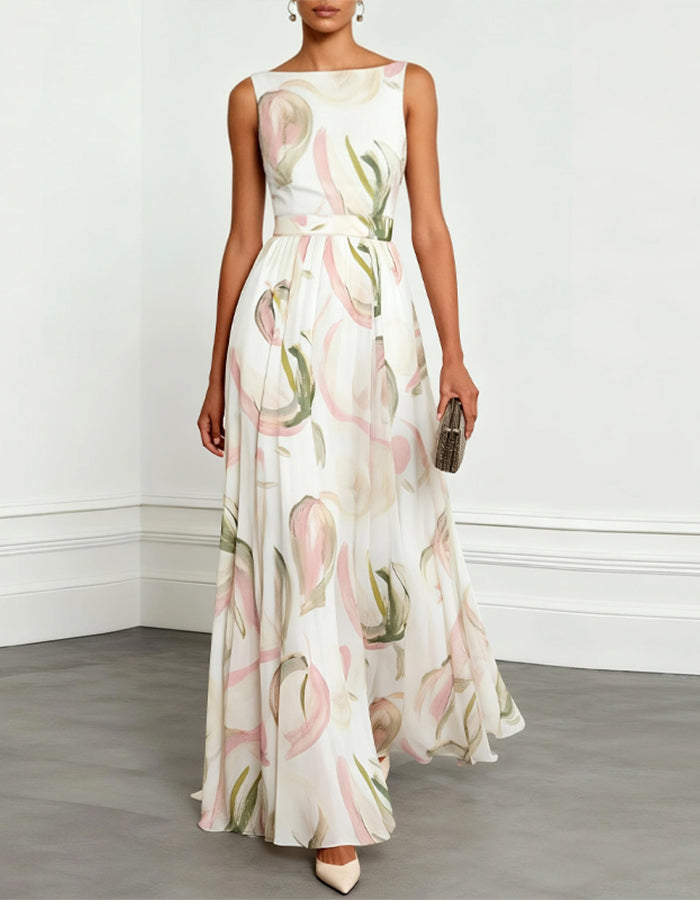 Ink-wash Floral Sleeveless Chiffon Maxi Dress