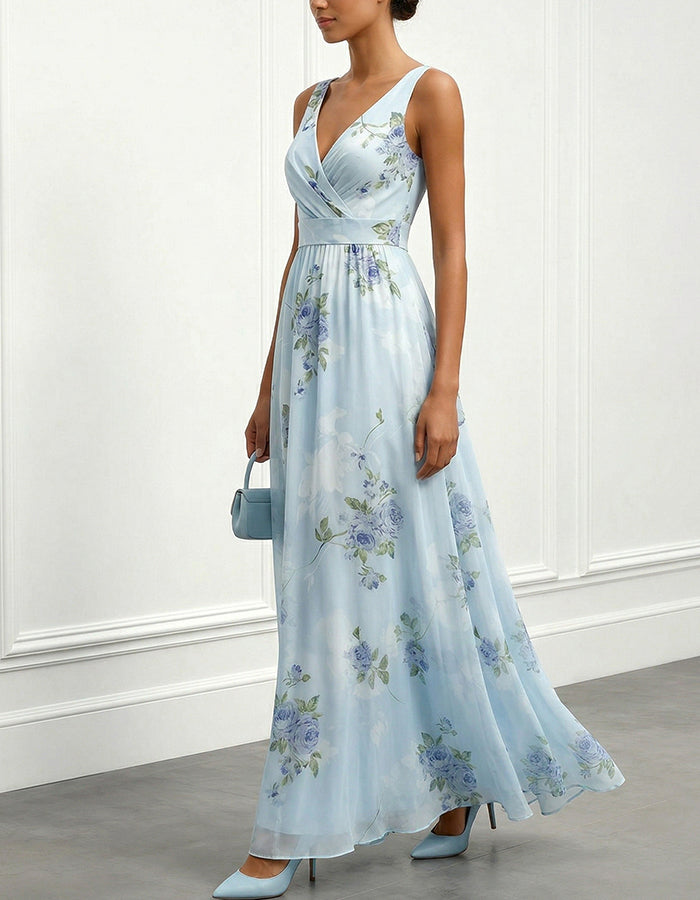 Sky Blue & Blue Rose Floral Chiffon Maxi Dress