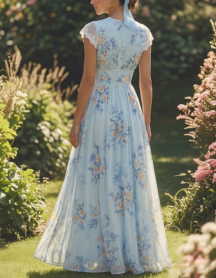Sky Blue & Peach Floral Lace Trim Chiffon Midi Dress