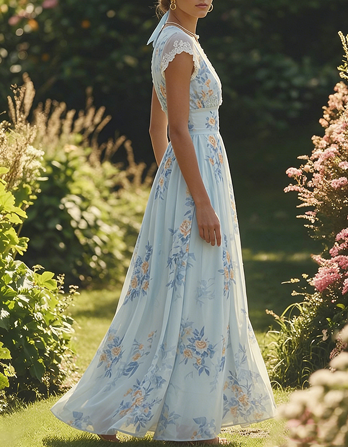 Sky Blue & Peach Floral Lace Trim Chiffon Midi Dress