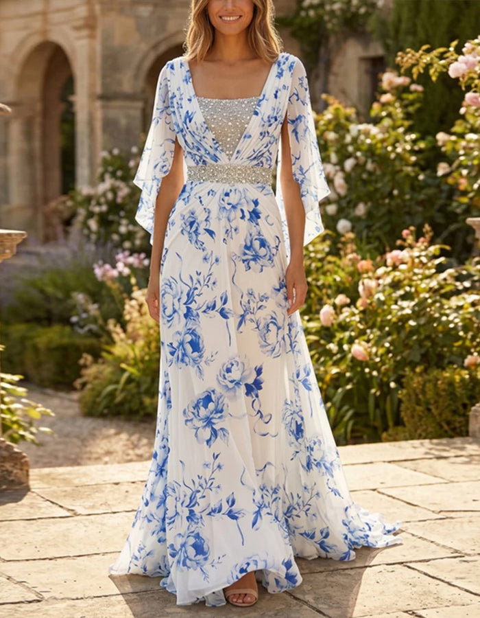 White Chiffon With Blue Flowers Maxi Dress