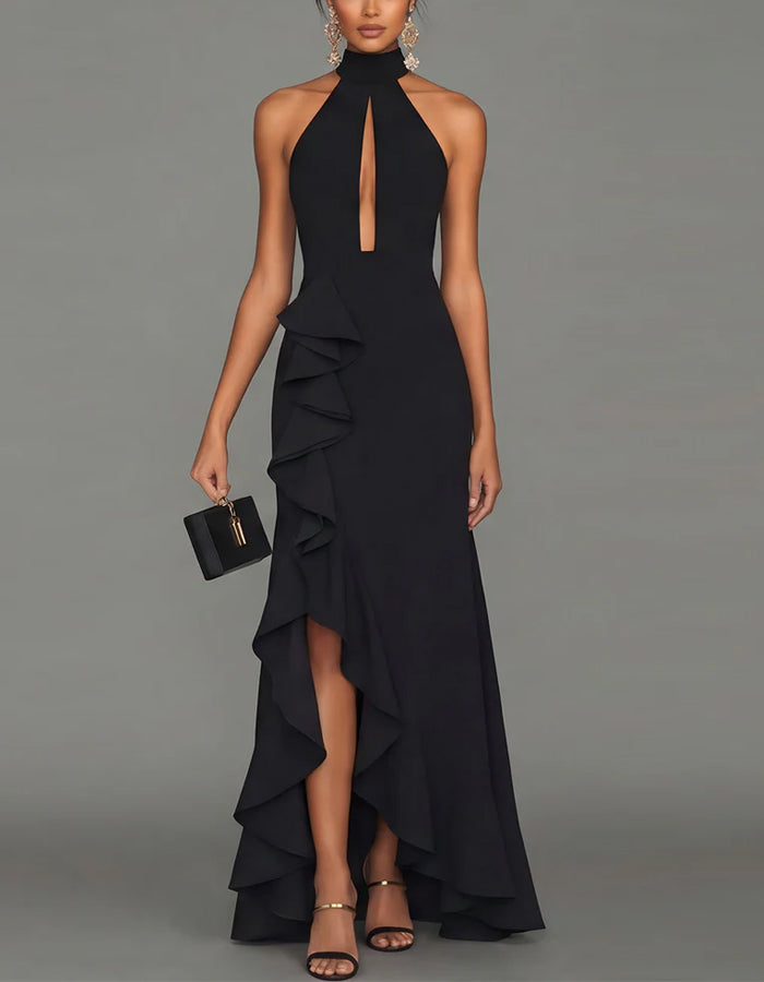 Black Halter Neck With Openwork Ruffled Fishtail Design Maxi Dress