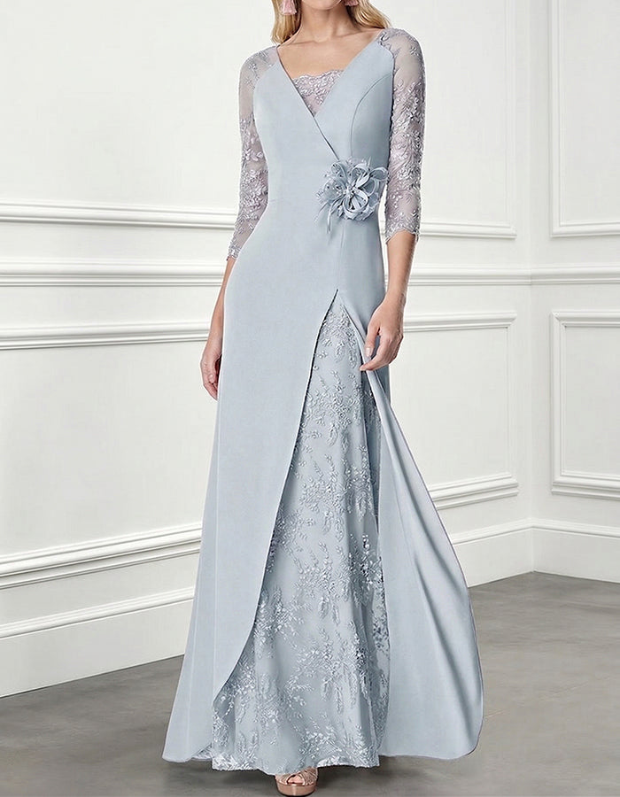 Dusty Blue Lace Sleeve & Overlay Maxi Dress