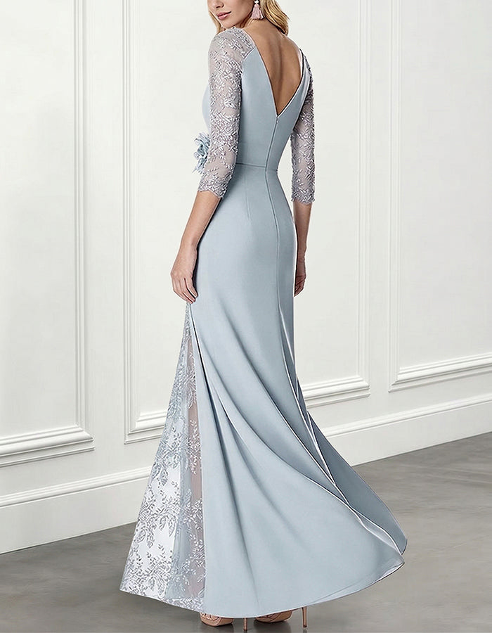 Dusty Blue Lace Sleeve & Overlay Maxi Dress