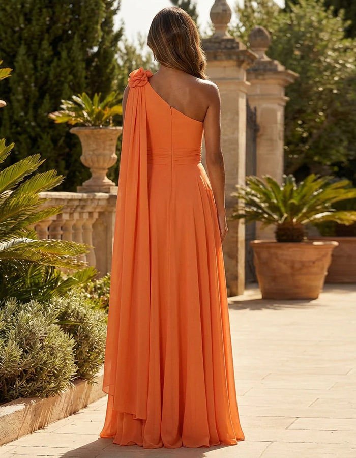Orange One Shoulder Chiffon With 3d Floral Ribbon Maxi Dress