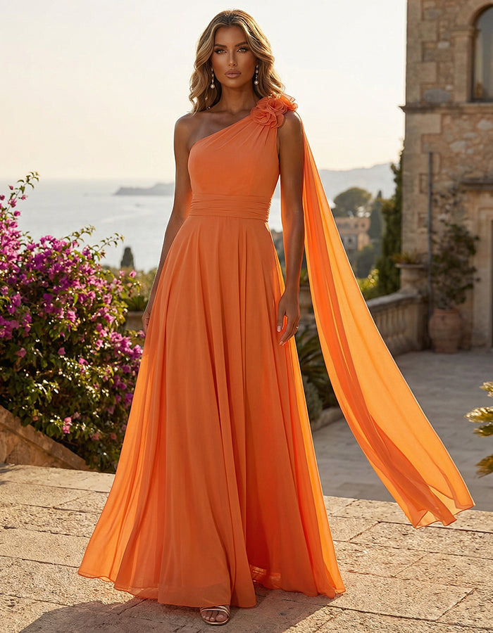 Orange One Shoulder Chiffon With 3d Floral Ribbon Maxi Dress