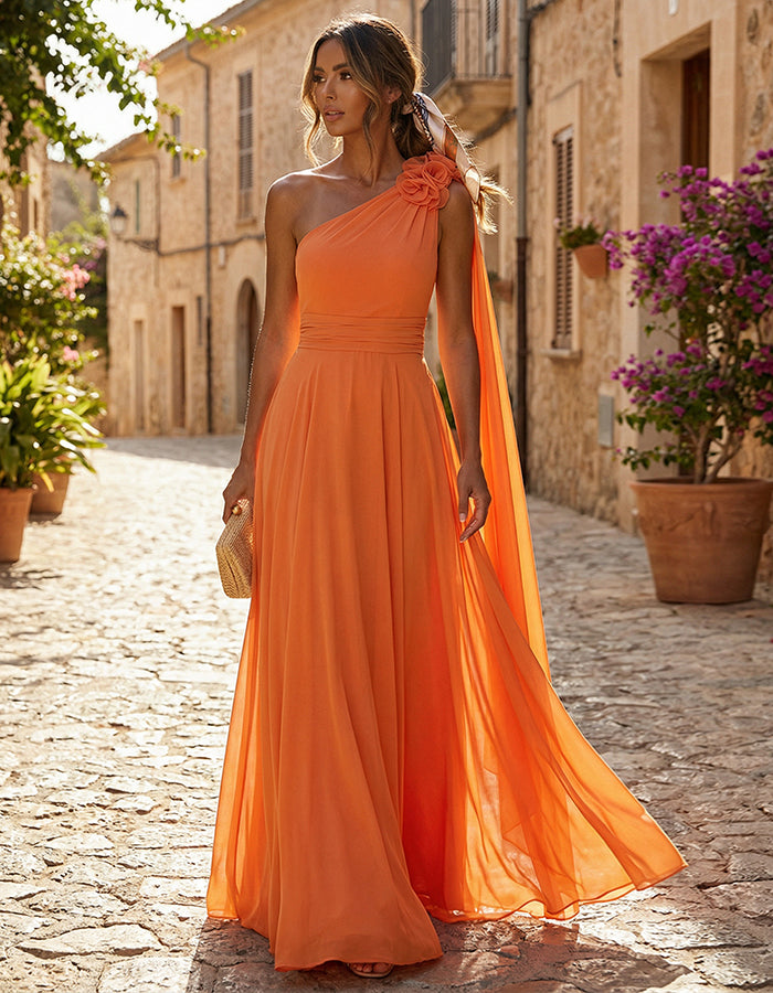 Orange One Shoulder Chiffon With 3d Floral Ribbon Maxi Dress