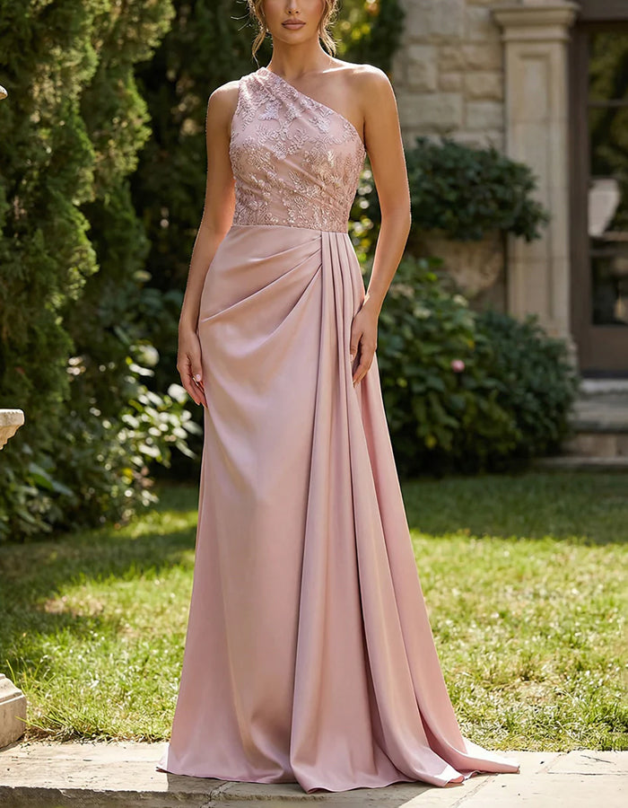 Pink One Shoulder Lace Satin Maxi Dress