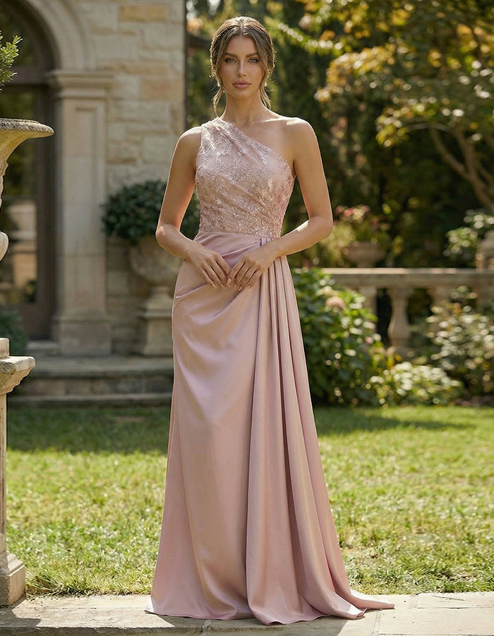 Pink One Shoulder Lace Satin Maxi Dress