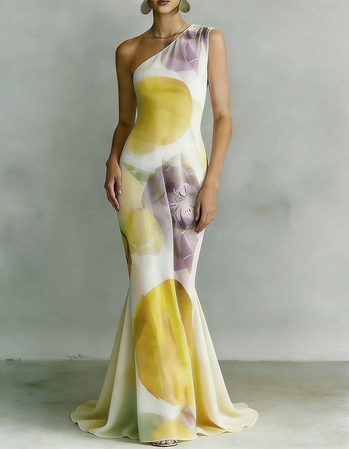 White Floral Print Single Shoulder Chiffon Maxi Dress