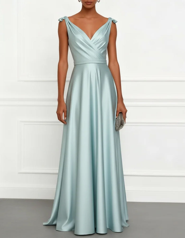 Light Blue Satin V-Neck With Bow Hem Maxi Dress